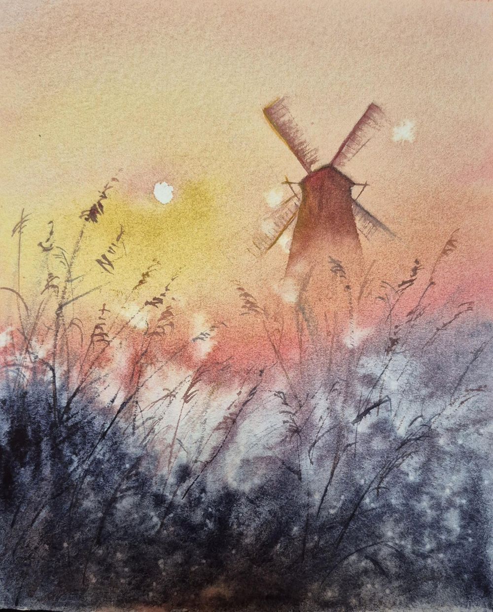 Paint an Atmospheric Windmill Scene with Golden Sun & Blue Mist - image 3 - student project