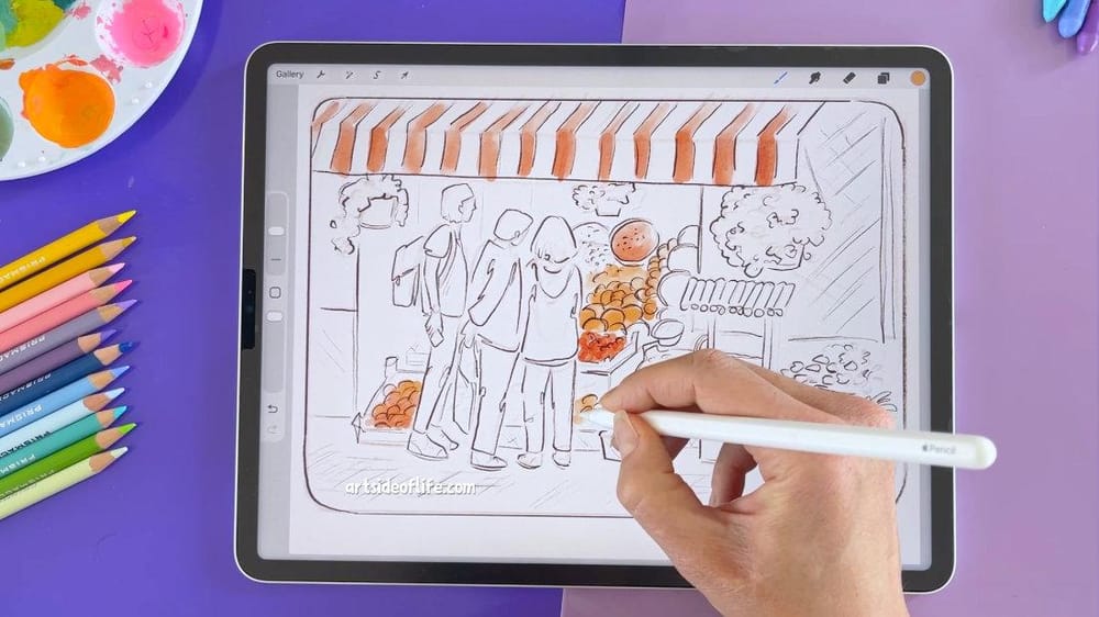 Watercolor urban market sketch in Procreate - image 2 - student project