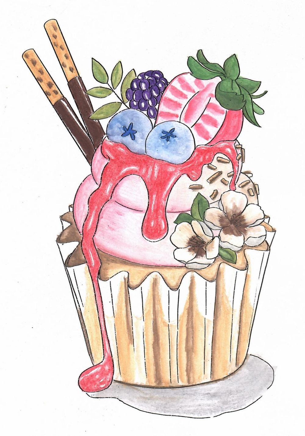 Second attempt! Watercolor Pencil Mixed Berries Cupcake - image 2 - student project
