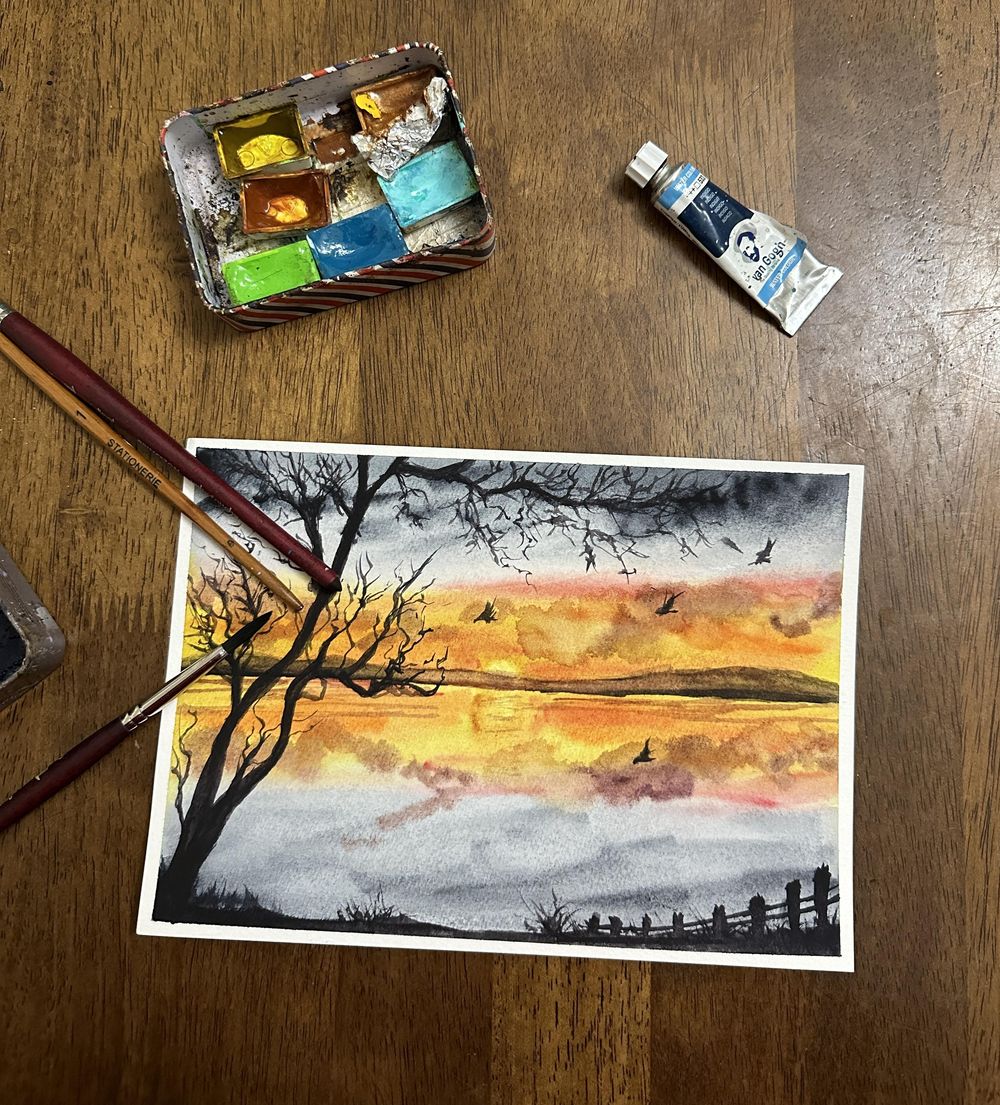 Sunset and silhouette watercolour painting - image 3 - student project
