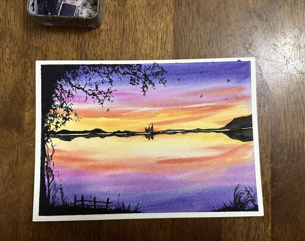 Sunset and silhouette watercolour painting - image 7 - student project