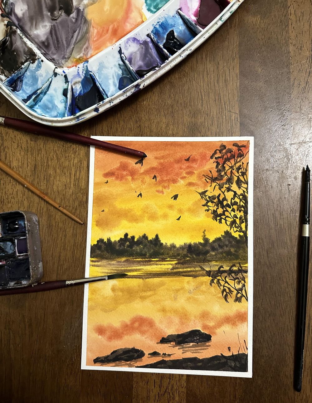 Sunset and silhouette watercolour painting - image 2 - student project