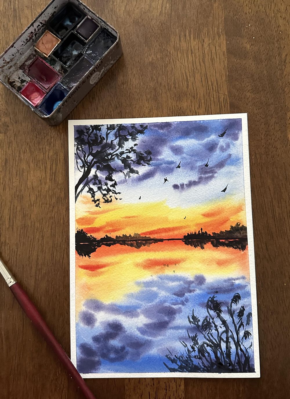 Sunset and silhouette watercolour painting - image 1 - student project