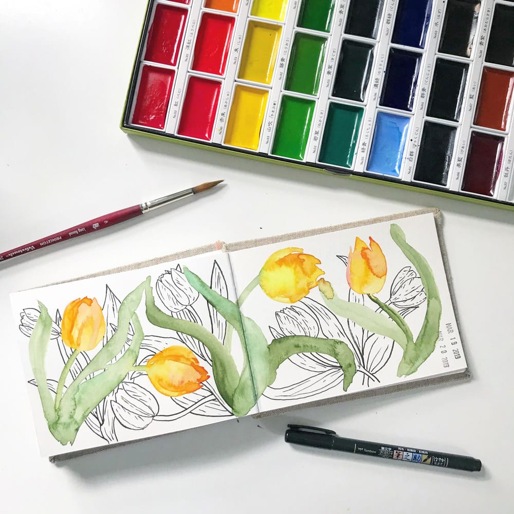 Watercolor and Pen Tulips -- Example Sketch - image 2 - student project