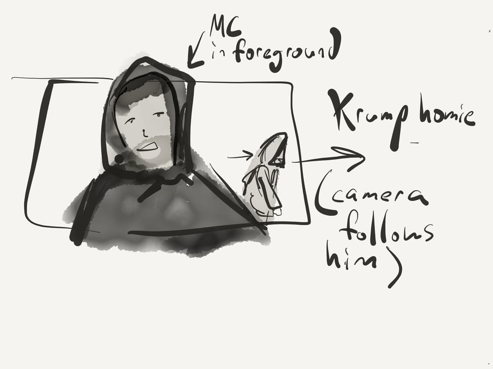 Cack: An MC Interrupted by Dancers (One-Line description and first sketch) - image 1 - student project