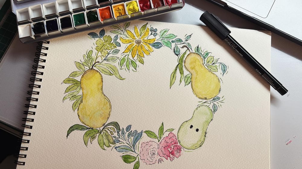Pear & Avocado Watercolor Wreath. - image 1 - student project