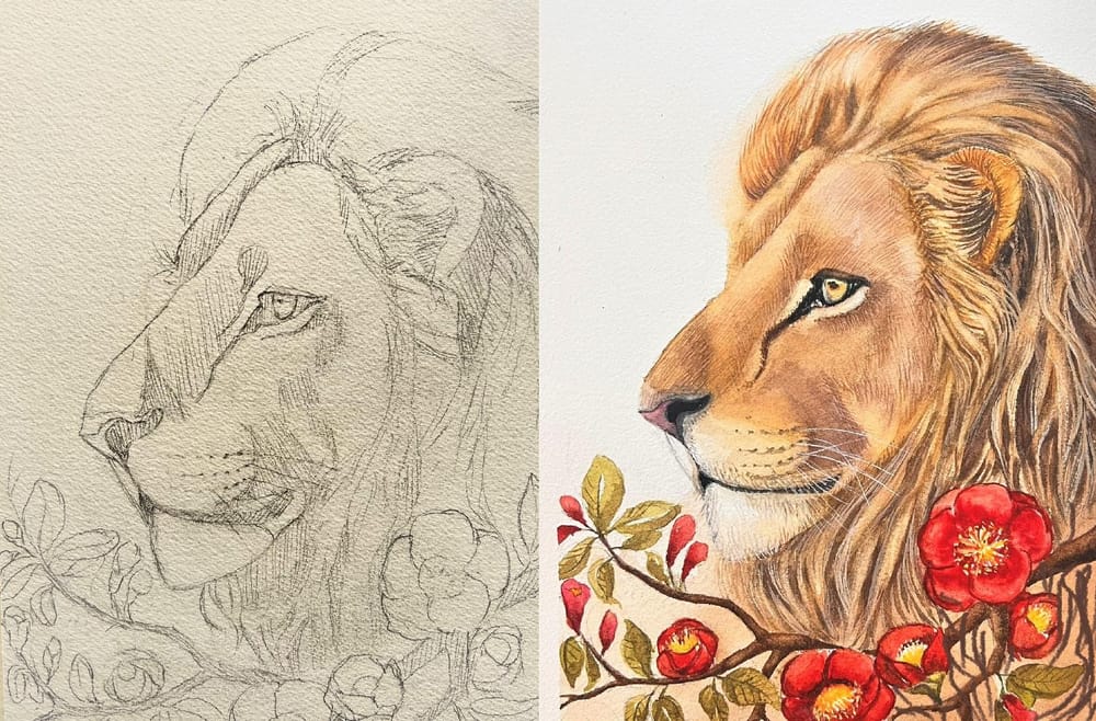 Lion Portrait with Florals - image 1 - student project