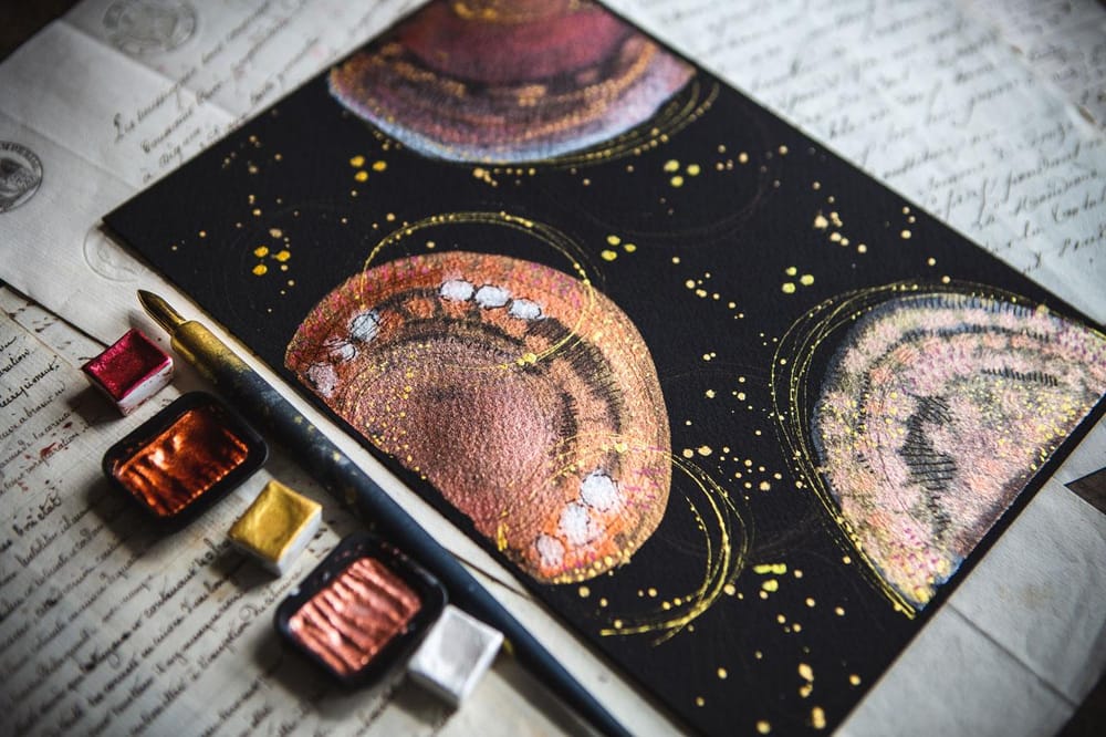 Shimmering Abstracts: Exploring Metallic Watercolors on Black Paper - image 3 - student project