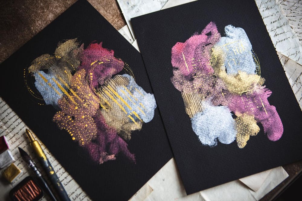 Shimmering Abstracts: Exploring Metallic Watercolors on Black Paper - image 1 - student project