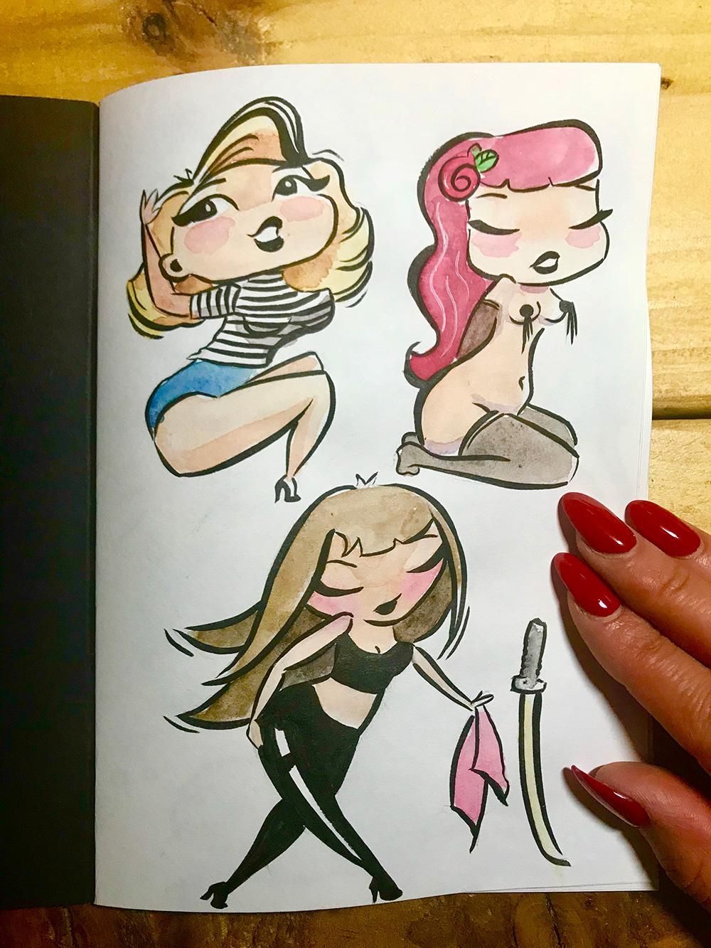 Cutie Girls in ink and watercolour - image 3 - student project