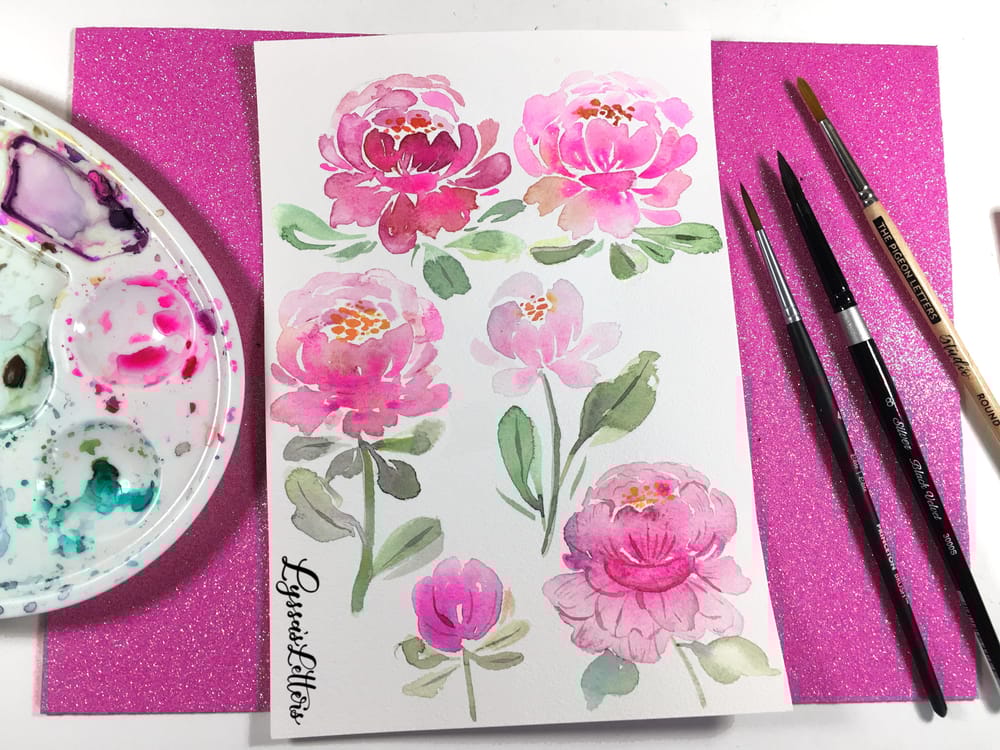 Watercolor peony practice in different styles - image 1 - student project