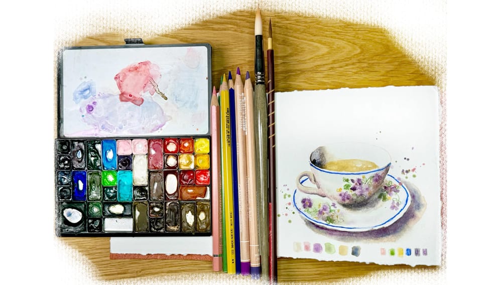 Vintage tea cup with watercolor and color pencil - image 1 - student project