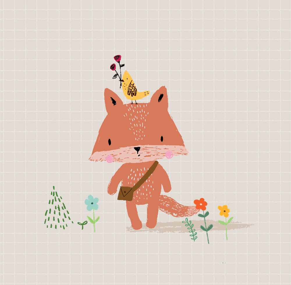 Orange baby fox and yellow little bird with roses - image 1 - student project