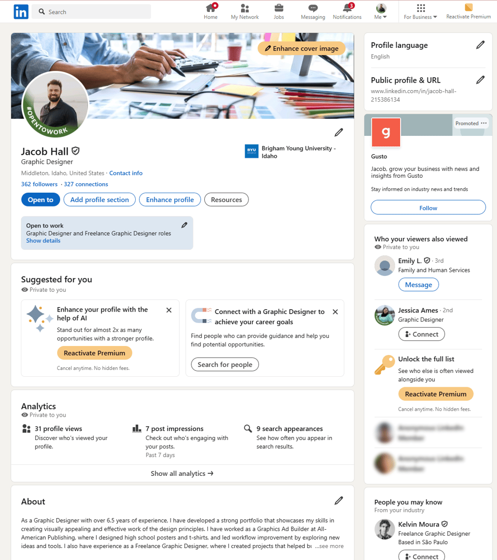 Jacob Halls LinkedIn Profile - image 1 - student project