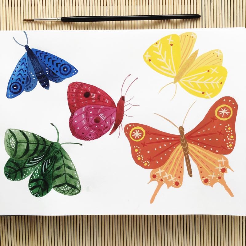 Folk art butterflies in watercolor + gouache - image 1 - student project