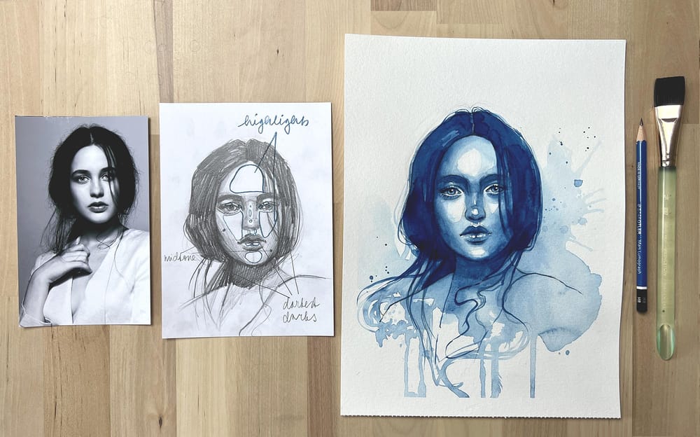 My class project - monochromatic watercolor portrait - image 4 - student project