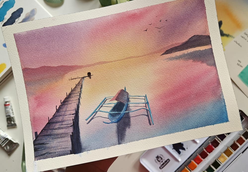 Watercolor Sunrise Painting with help of AI generated reference - image 1 - student project