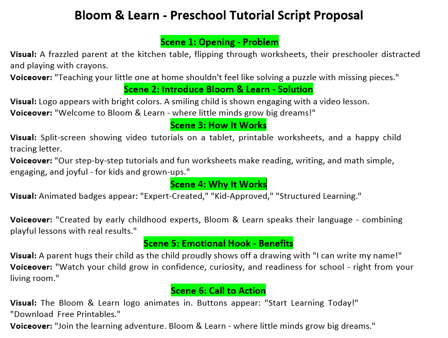 Bloom & Learn - Preschool Tutorial Script Proposal - image 1 - student project