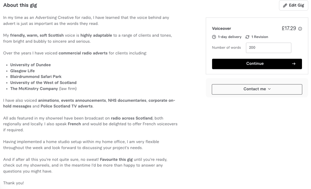 Liv Cowle Voiceover Fiverr Page - image 2 - student project