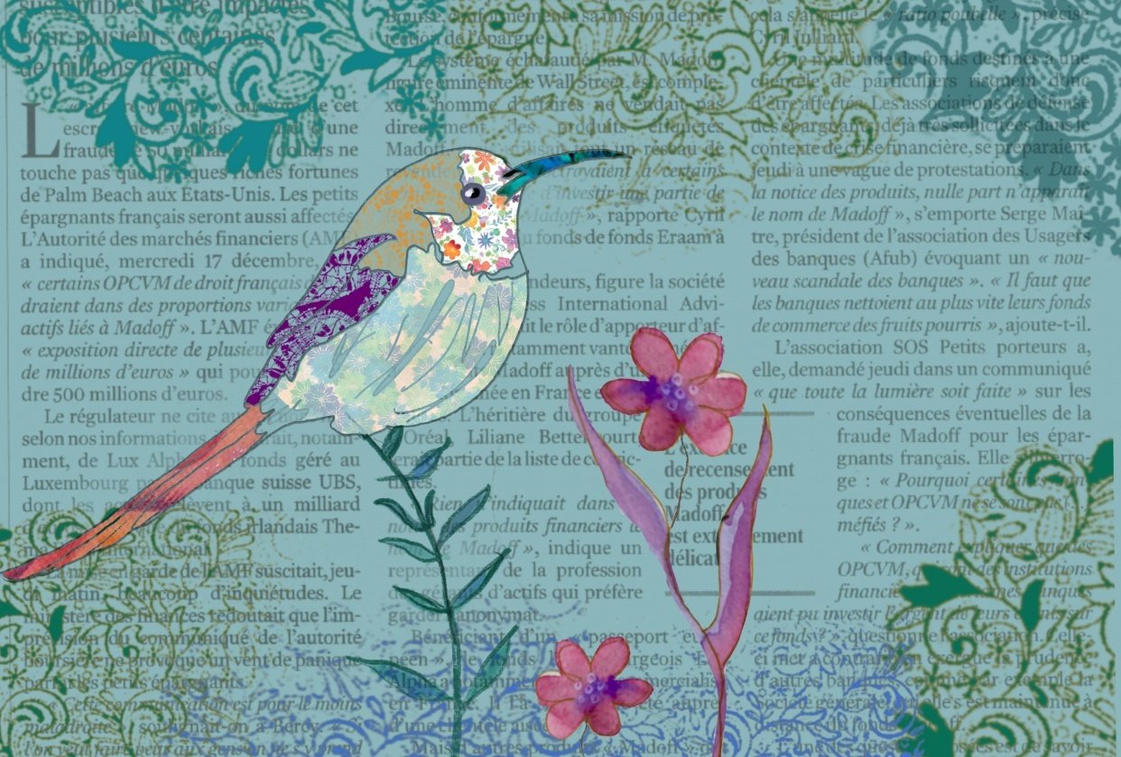 Bird on Newspaper and new Butterfly Patchwork - student project