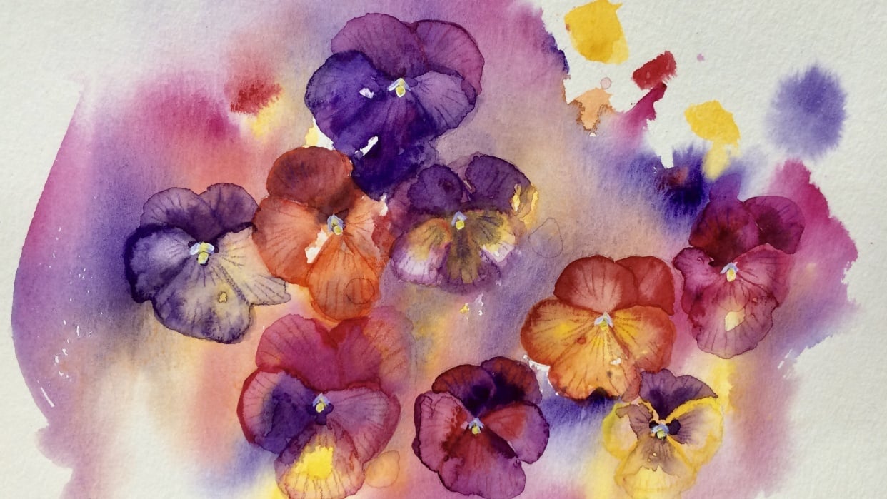 Watercolor pansies - student project