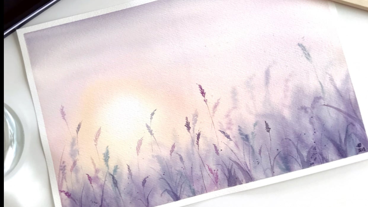 Watercolor sunset in the field - student project
