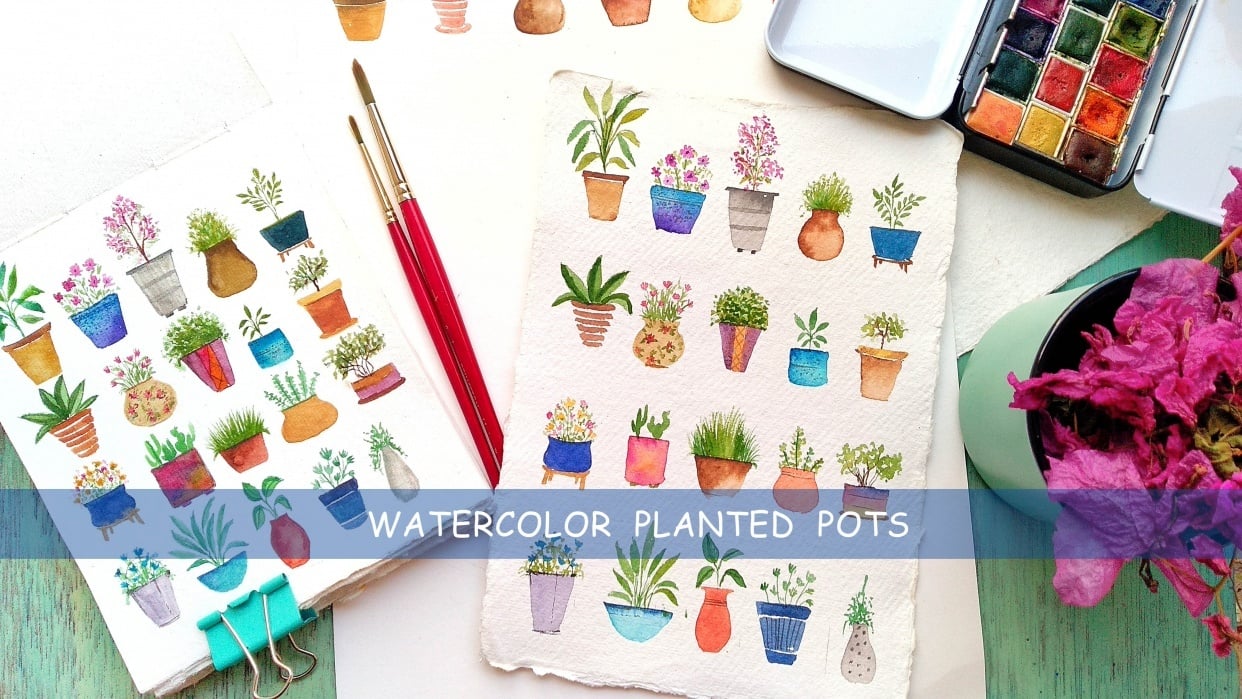 Watercolor Planted Pots- step by step - student project