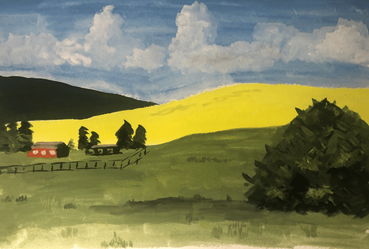 Gouache Painting of Barn in Countryside - student project