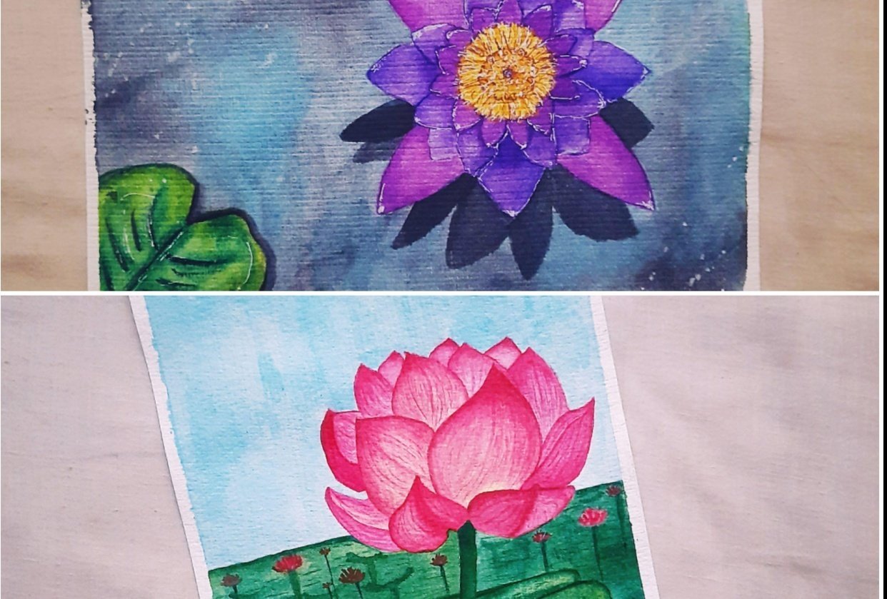 Explore Watercolor flowers with Lotus and Water Lilly - student project