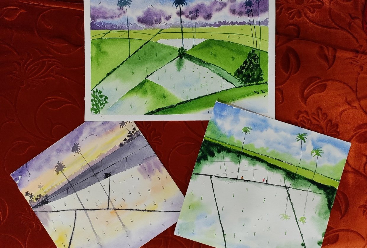 Painting paddy fields with watercolors - student project