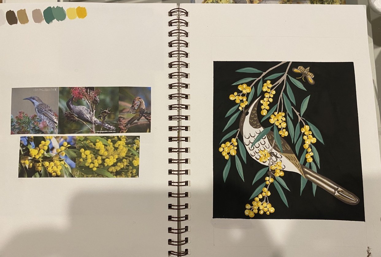 Wattle bird and bogong moth, Major Mitchell cockatoo and gum blossoms - student project