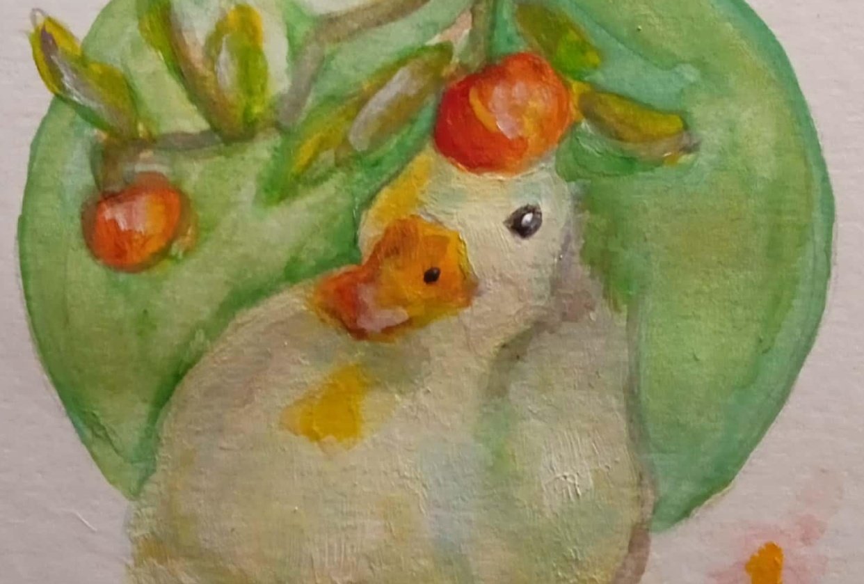 A duck with oranges in Watercolor and Gouache - student project