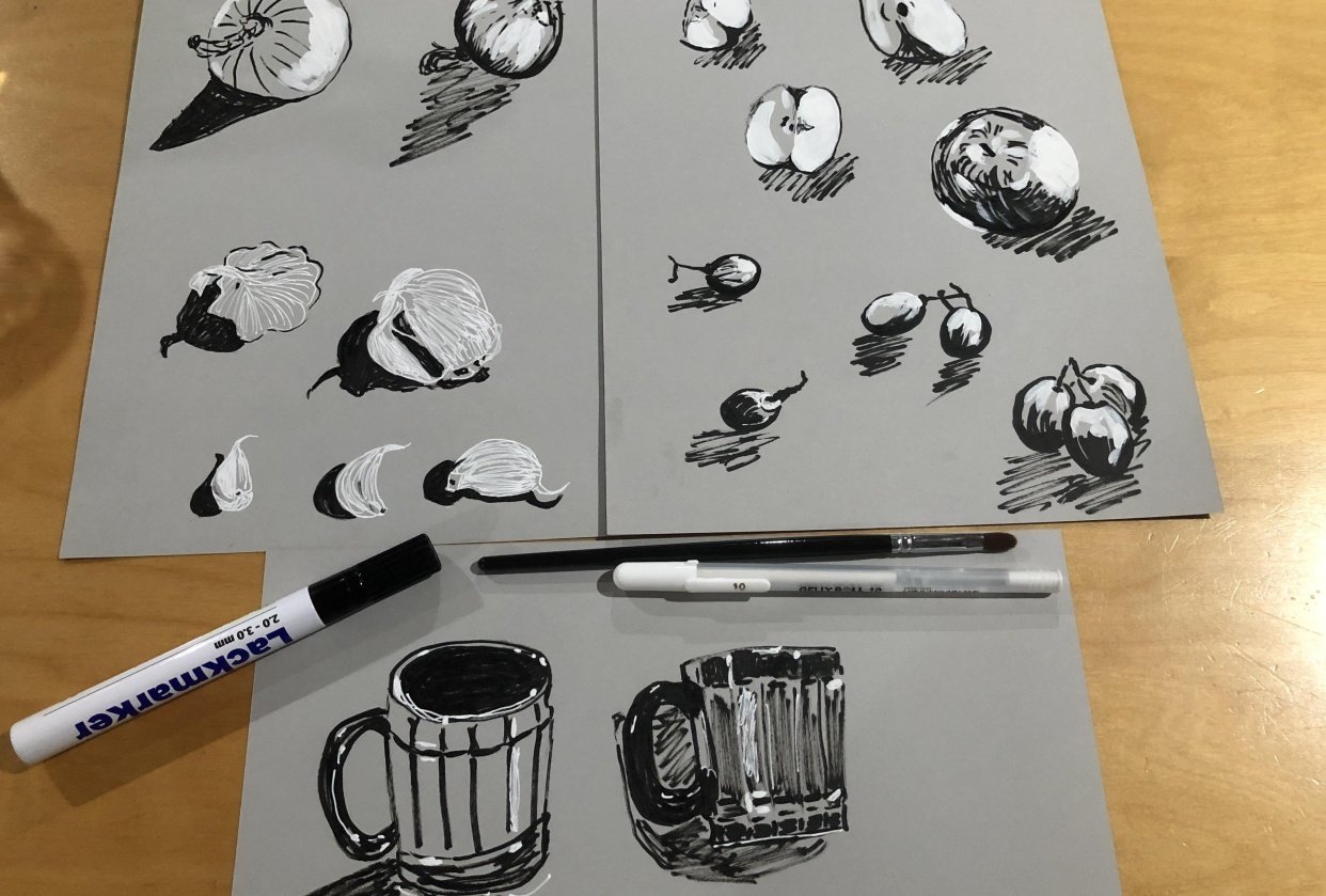Value studies: black and white sketches on toned paper - student project