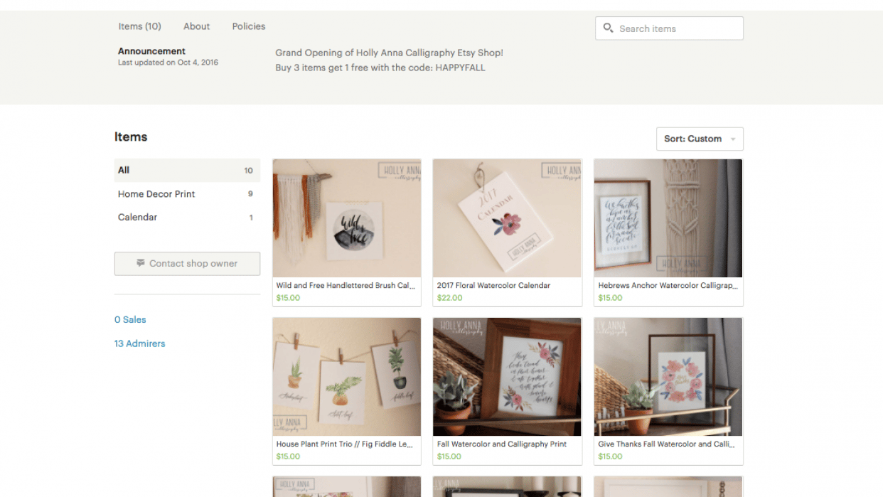 Start your shop: Holly Anna Calligraphy - student project