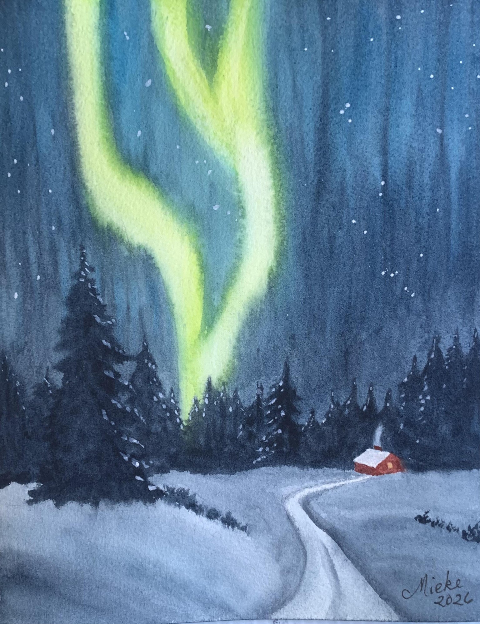 Soft Northern lights watercolour landscapes - image 1 - student project