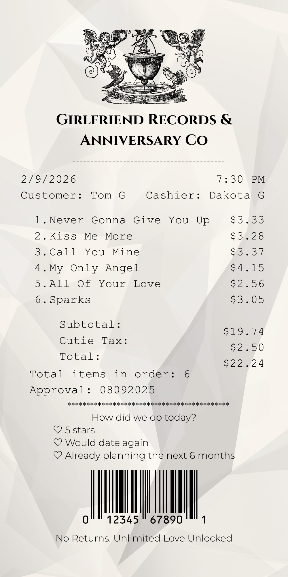 6 Month Anniversary Receipt - image 1 - student project