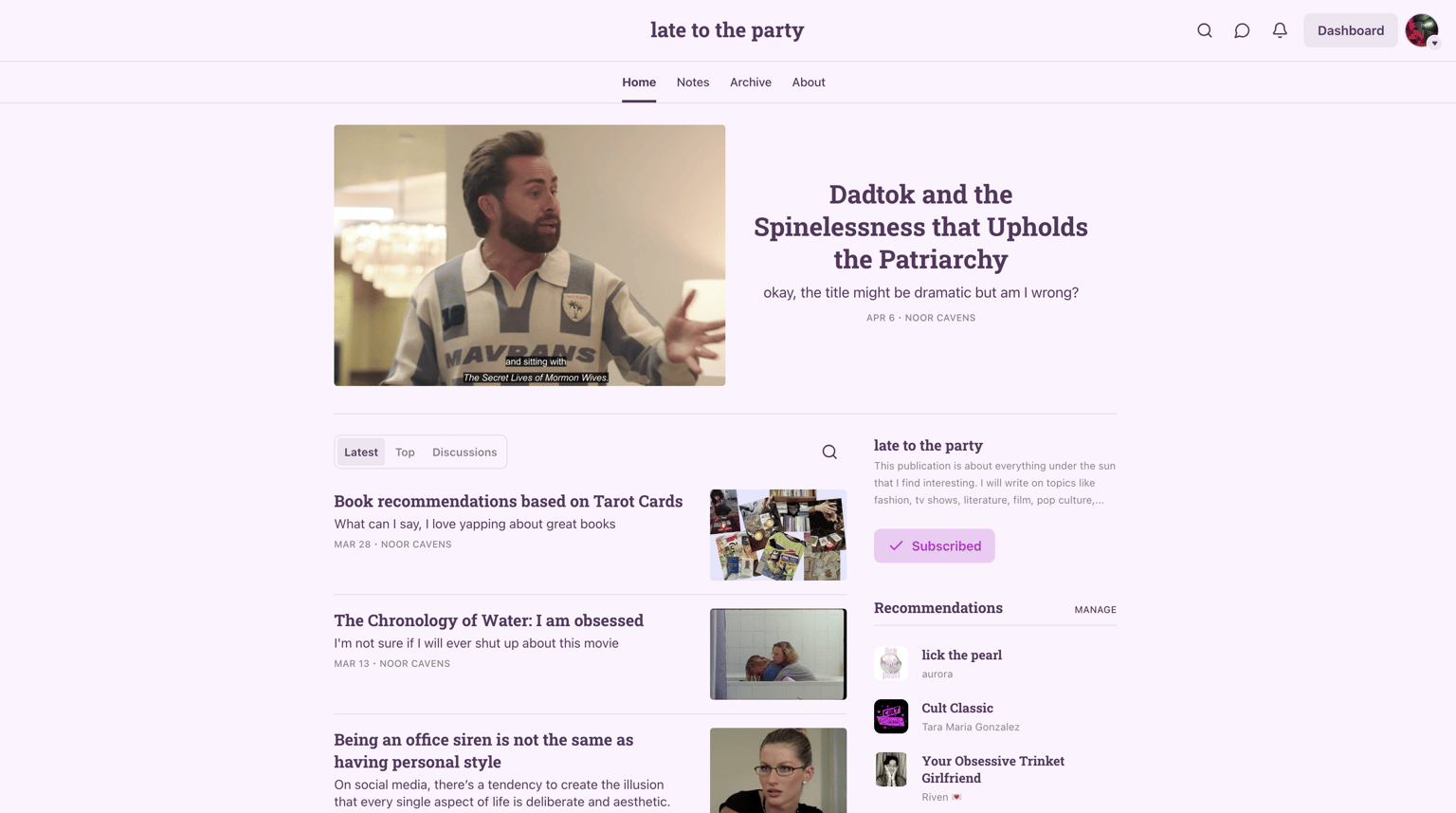 my substack: late to the party by Noor Cavens - image 1 - student project