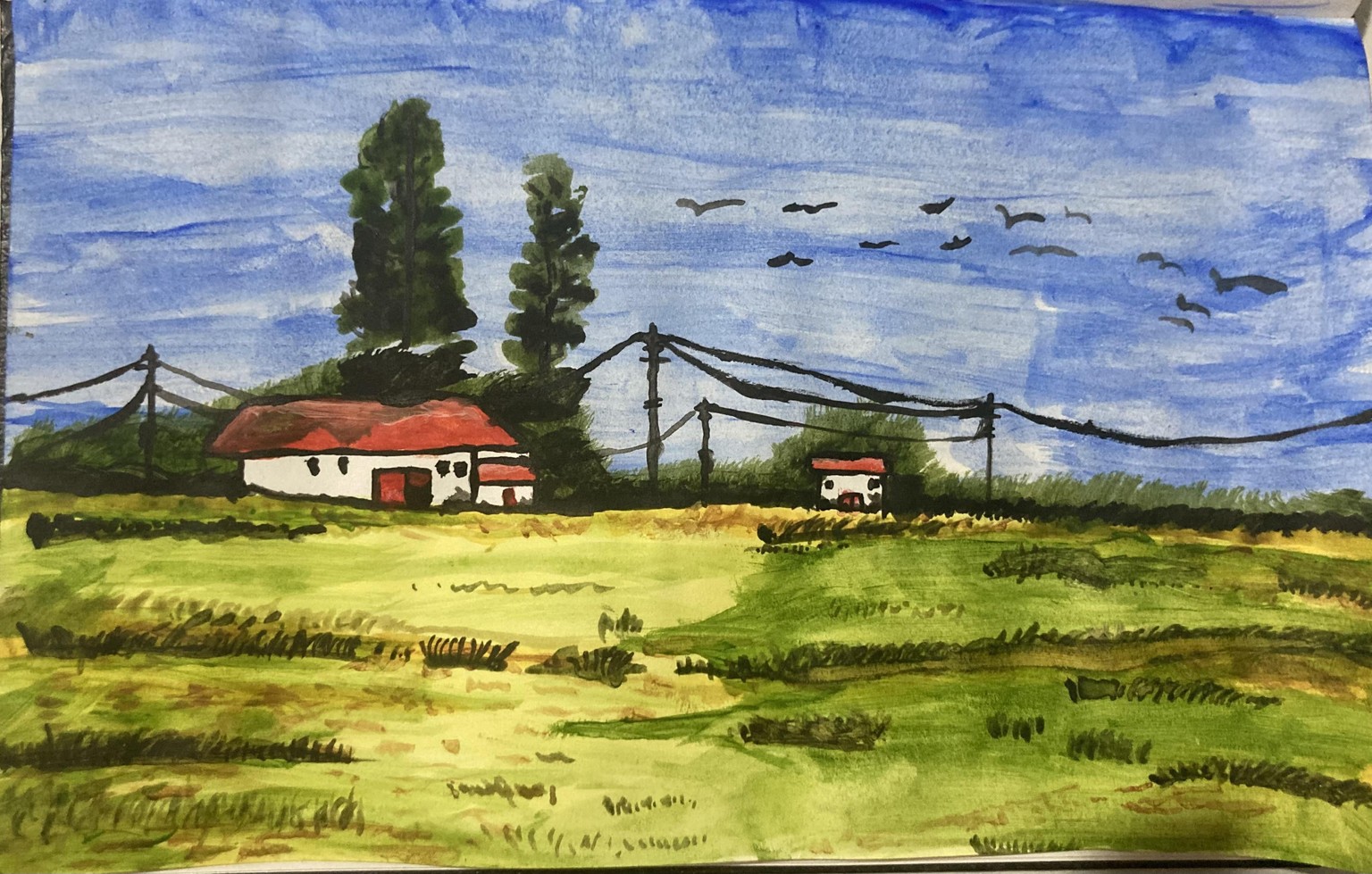 Village landscape painting with watercolors - image 1 - student project