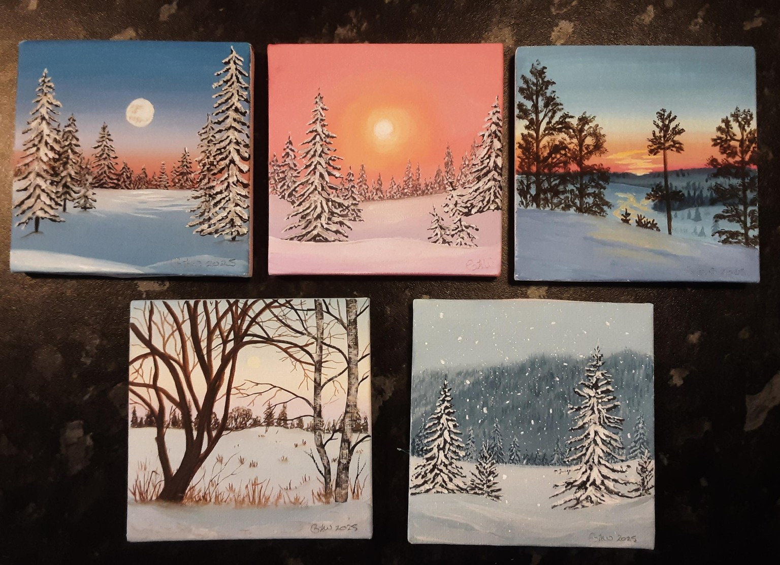 Winter landscapes in gouache on mini canvasses. - image 1 - student project