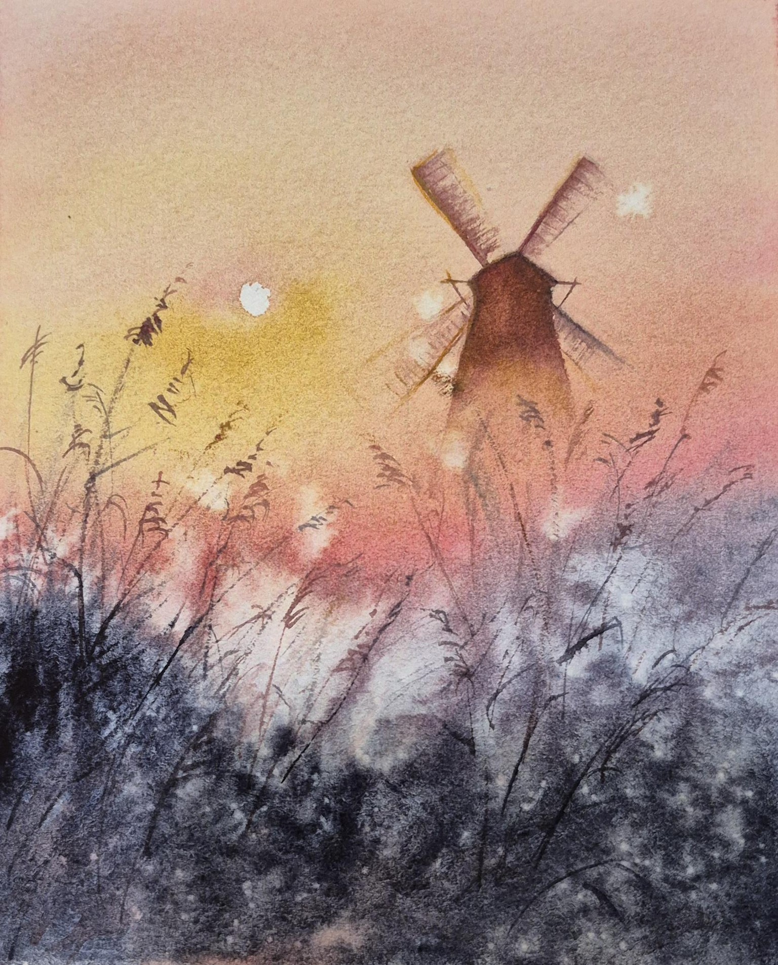 Paint an Atmospheric Windmill Scene with Golden Sun & Blue Mist - image 4 - student project