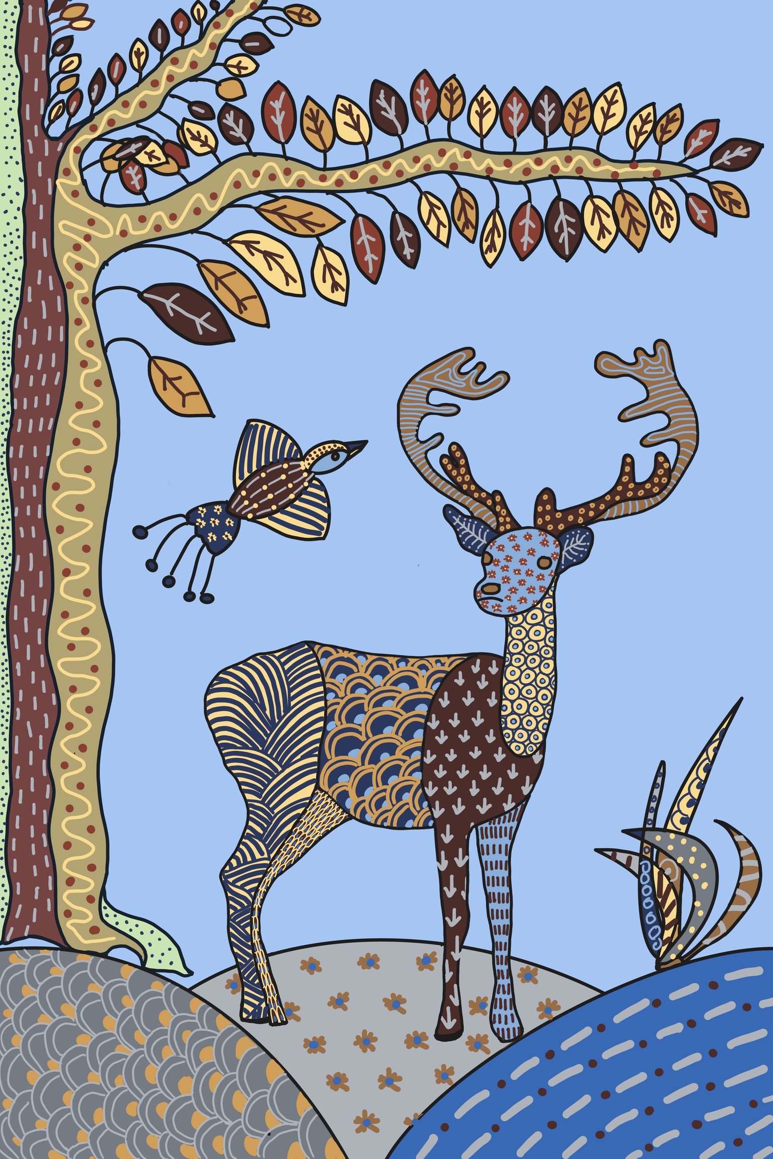 Little deer with bird and tree in gond art style - image 1 - student project