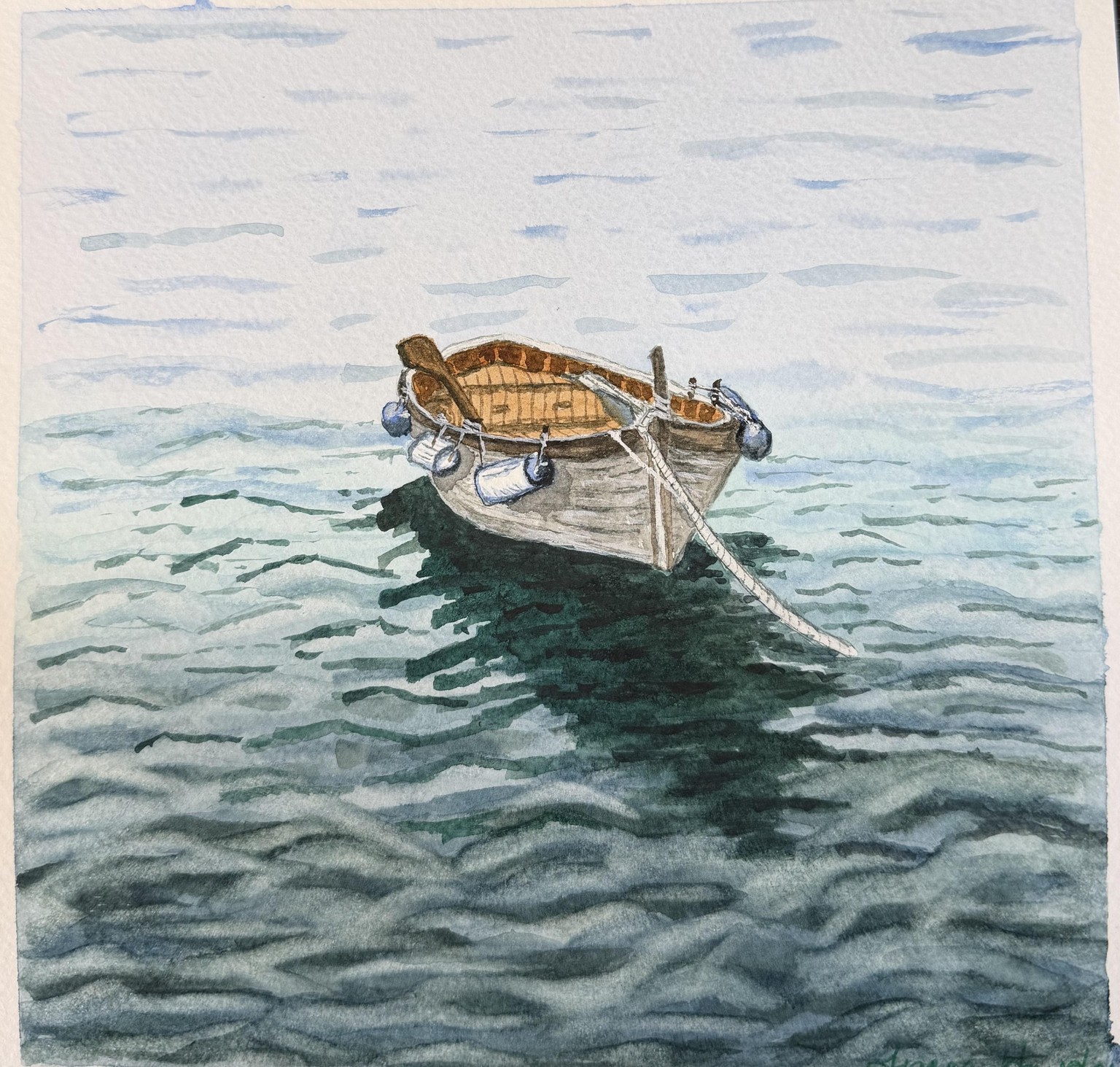 Seascape with small boat. Swan on sparkling lake - image 2 - student project