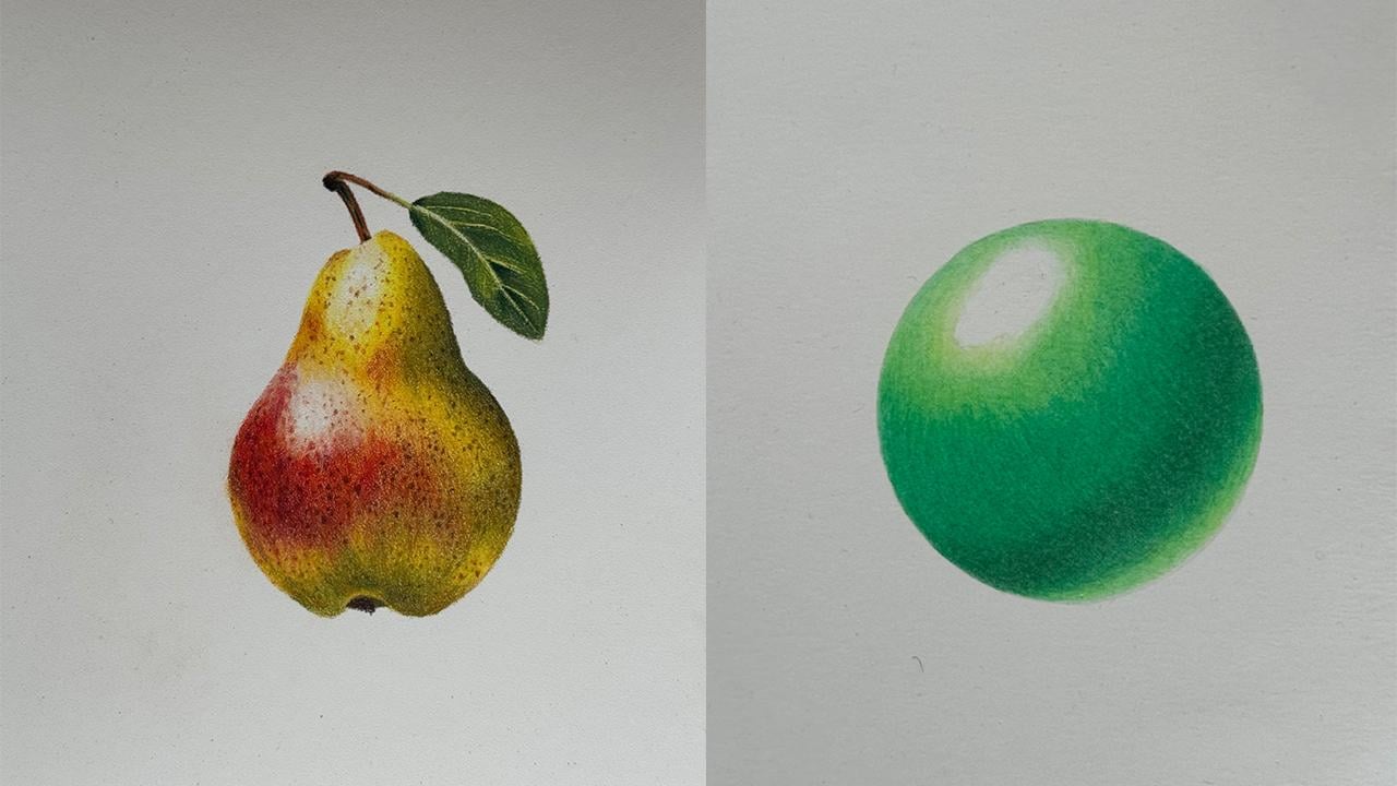 Sphere and Pear in Colour Pencil - image 1 - student project