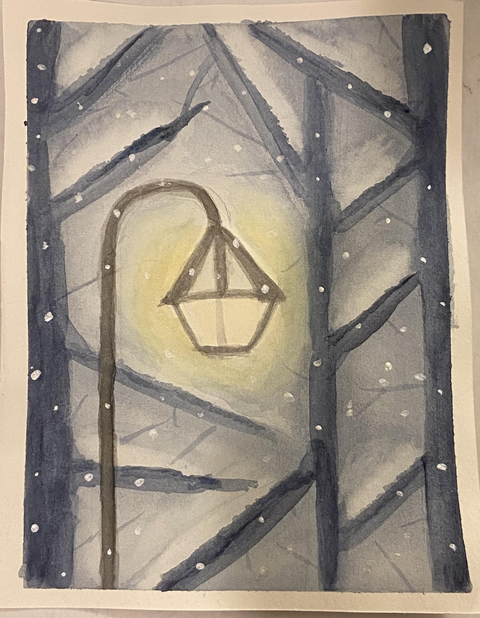Winter Scene with Lamp in Watercolor - image 2 - student project
