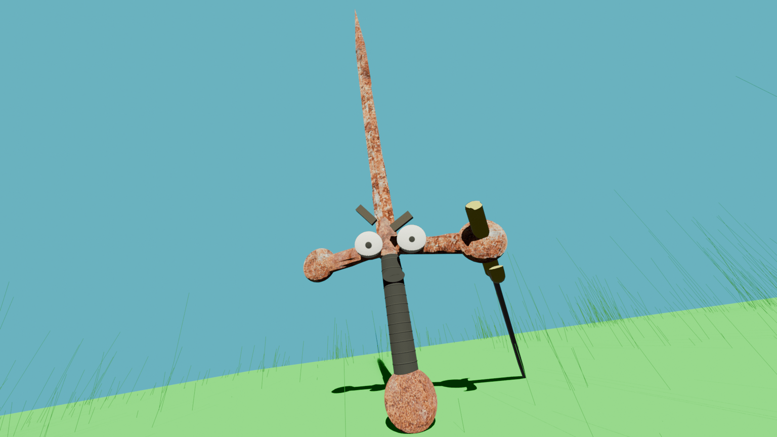 Rusty sword holding a newer sword while looking at the camera in curiosity. - image 1 - student project
