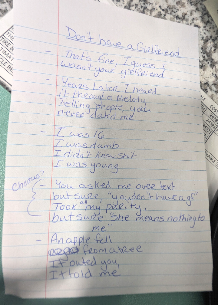No Girlfriend Lyrics 1st Rough Draft (ideas, no rhyme scheme yet) - image 1 - student project