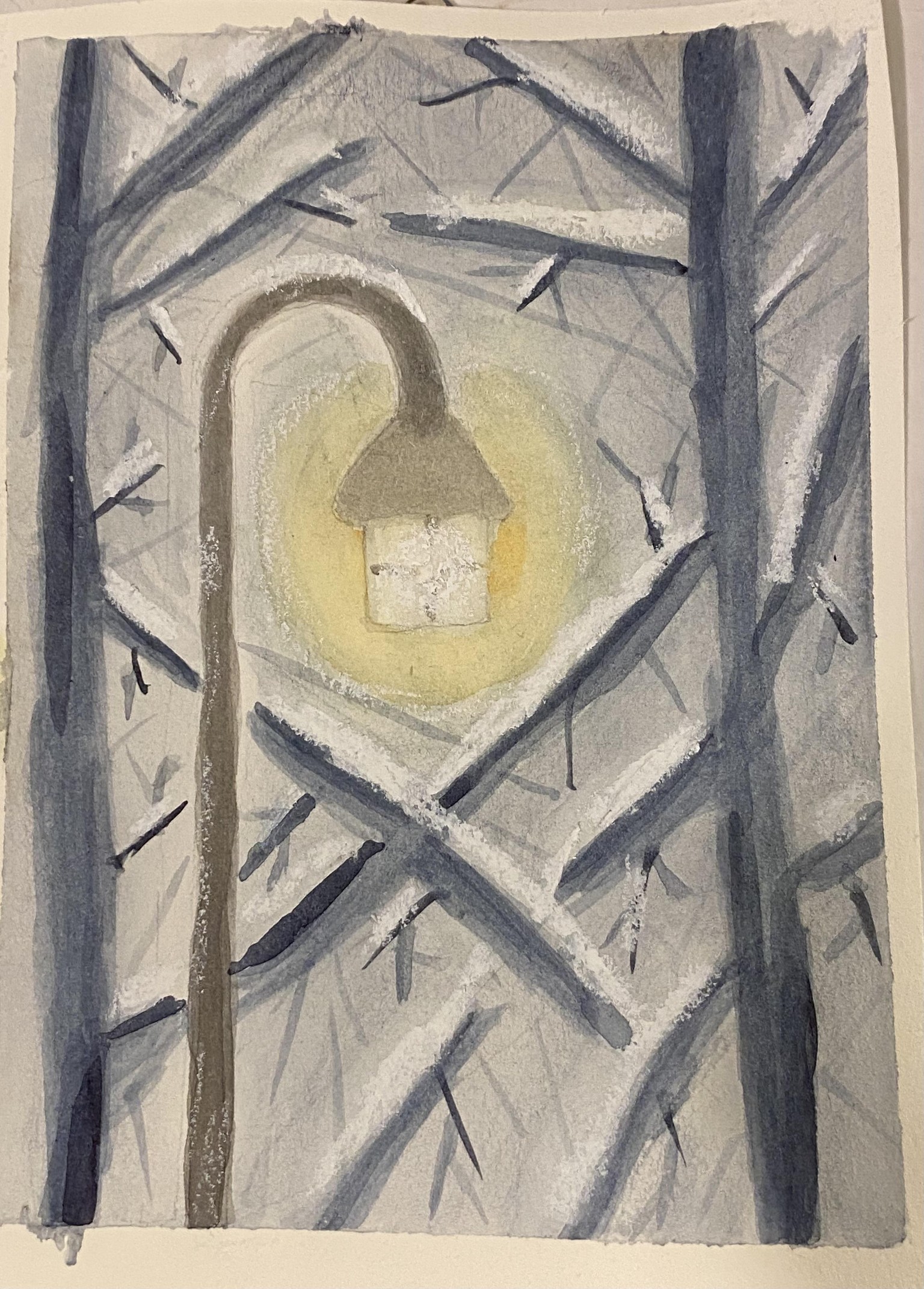 Winter Scene with Lamp in Watercolor - image 1 - student project