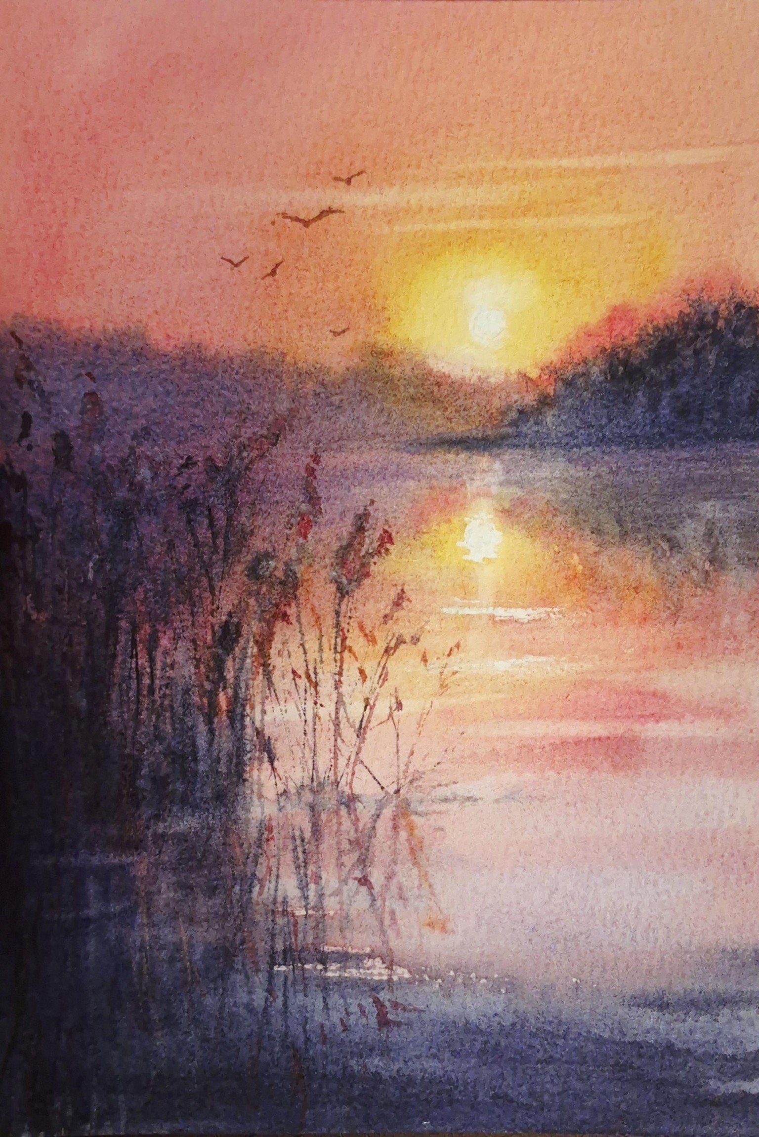 Paint an Atmospheric Blue-Pink Sunset Over a Lake, Hazy Landscapes Series - image 2 - student project