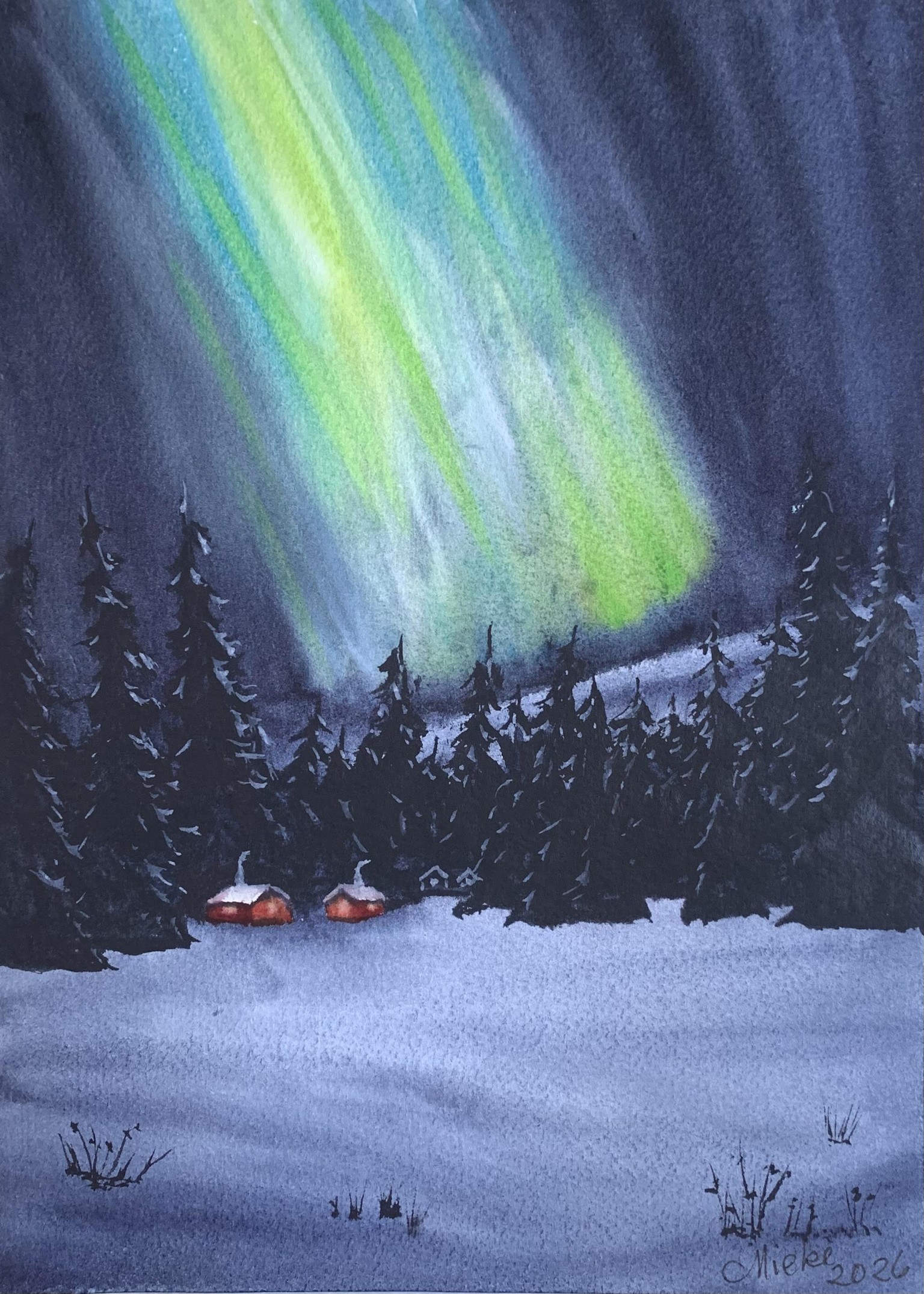 Soft Northern lights watercolour landscapes - image 2 - student project