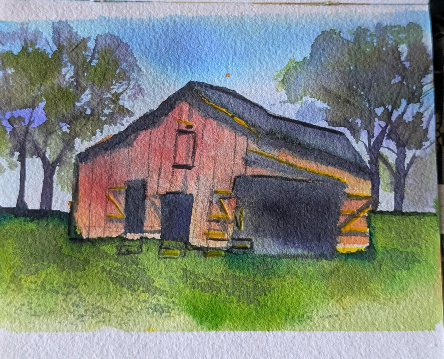 Wooden Barn in Watercolors: Using Plastic Wrap to add Texture - image 2 - student project